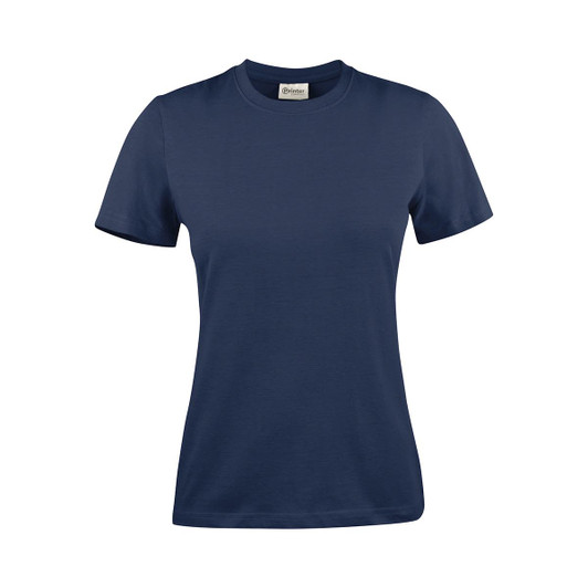 A navy blue women's t-shirt with short sleeves and a fitted design. The shirt has a logo on the label.