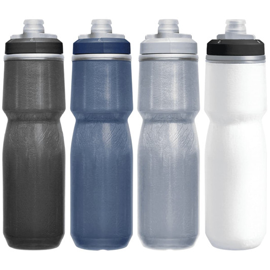 A drink bottle collection in black, dark blue, light blue, and white, featuring a brand logo.