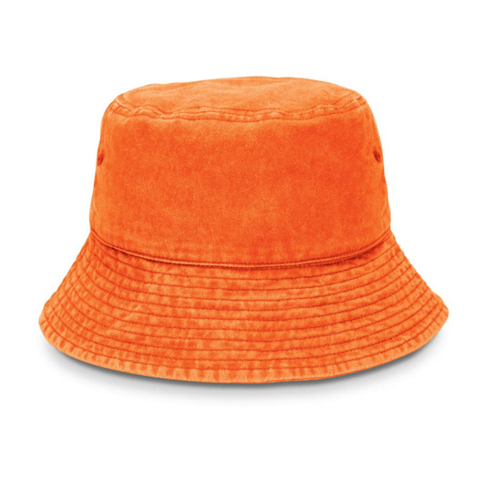 An orange bucket hat with a textured fabric and a wide brim, featuring ventilation eyelets and a logo.