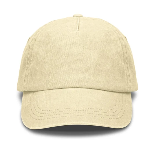 A vintage washed cap in a soft cream colour with a curved brim. It features a logo on the front.