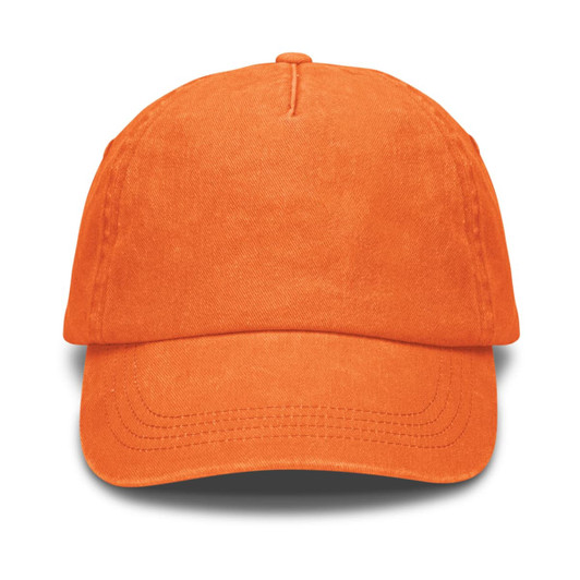 An orange vintage washed cap with a curved brim and a logo on the front.