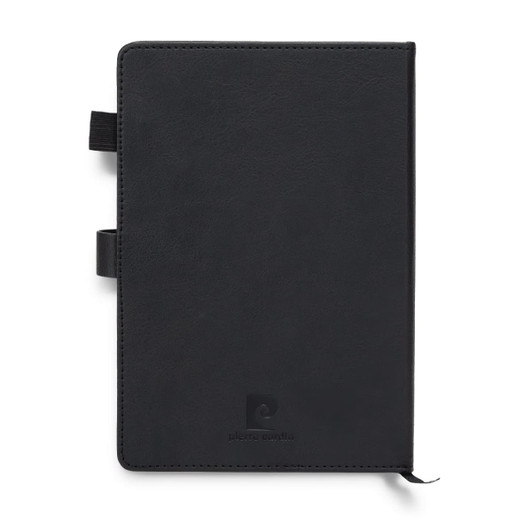 A black weekly diary with a textured cover and ribbon bookmarks, featuring a logo on the front.