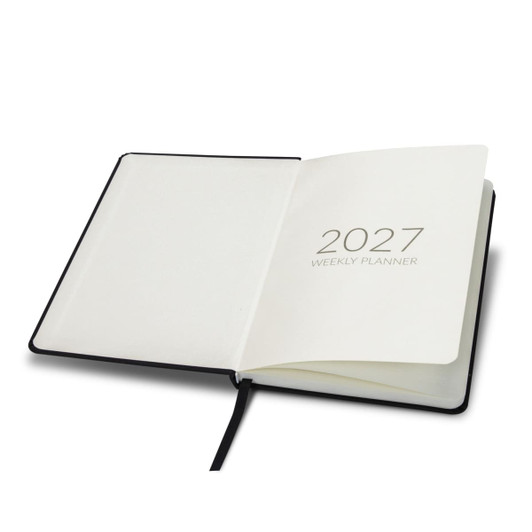 A5 weekly diary for 2027 in black, featuring blank pages and a placeholder ribbon.