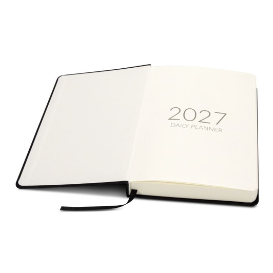 A5 daily diary in black with a blank interior and 2027 printed on the first page. Features a ribbon bookmark.
