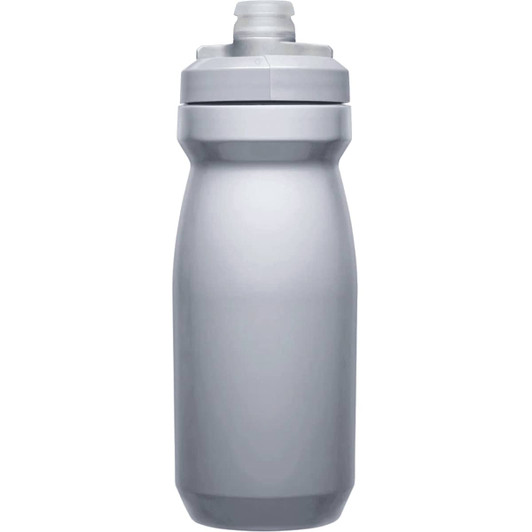 A drink bottle in a sleek, plain grey colour with a screw-on cap and a logo on the side.