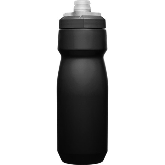 A drink bottle in plain black, featuring a streamlined design and a non-slip grip. It has a logo on the side.
