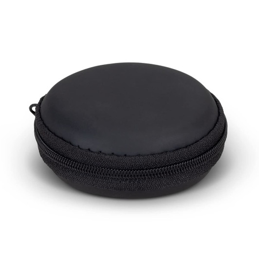 A rounded black zippered case, featuring a sleek, smooth exterior, ideal for storing earbuds.