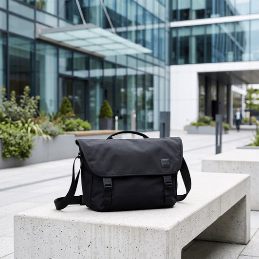 A black satchel bag sits on a concrete bench in a modern urban setting with greenery. It features a logo.