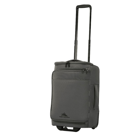 A grey wheeled duffle bag with a telescopic handle and multiple zippered compartments, featuring a logo.
