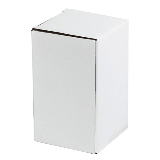 A white cardboard box with a simple design. Features one side flap and has a logo on the surface.
