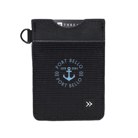 A black vertical wallet featuring a logo, with a textured design and a keyring attachment.