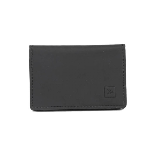 A black bifold wallet with a simple design and stitching, featuring a small logo on the front.