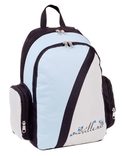 A backpack featuring a light blue and black design with multiple compartments and a logo.