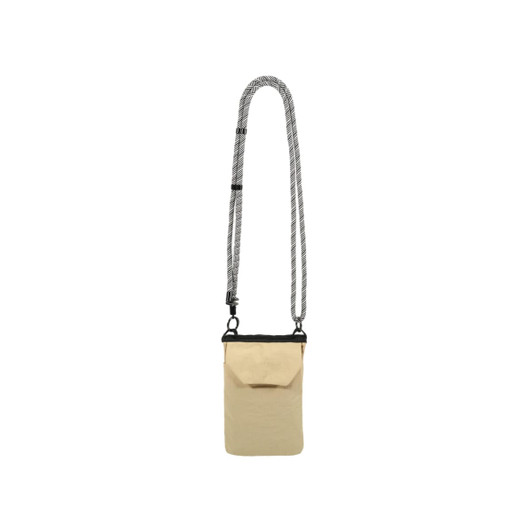 A minimalist crossbody phone bag in beige with a patterned strap and a flap closure. It features a logo.