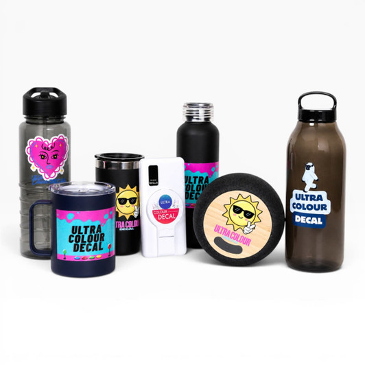 A variety of drink bottles and containers in purple, black, and clear, featuring colourful decals and logos.