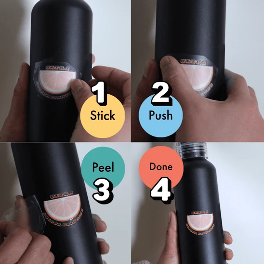 A black drink bottle with a colourful decal being applied, demonstrating four steps of the application process.