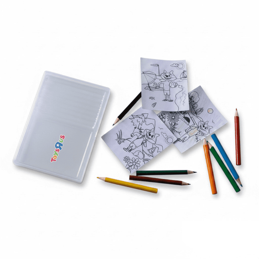 A sketch set featuring a clear case, colouring pencils in various colours, and several colouring pages.