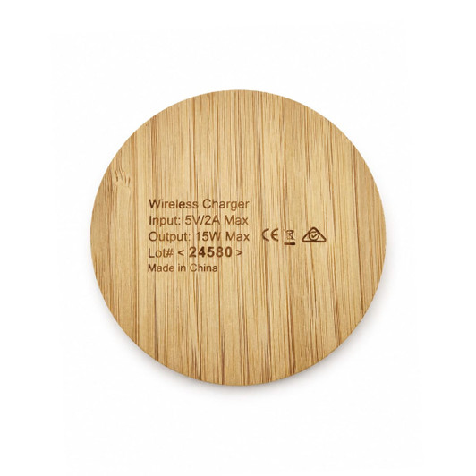 A round wireless charger made of bamboo, featuring a smooth, natural wood finish and a logo.