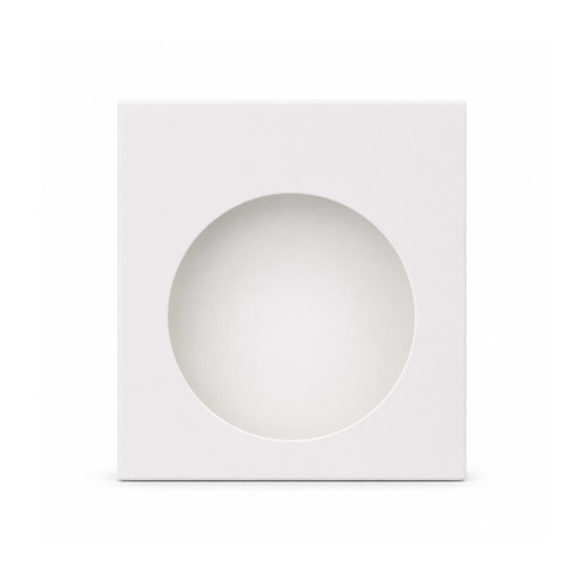 A white box with a circular cut-out in the centre, designed for packaging a product.