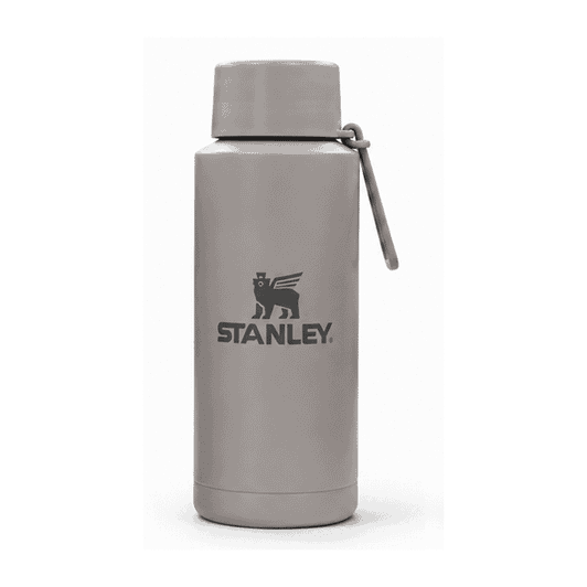 A drink bottle in a muted grey colour, featuring a stainless steel design and a logo.