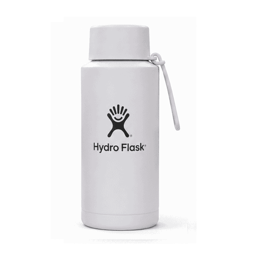 A drink bottle in white with a logo, featuring a screw-top lid and a carrying strap.