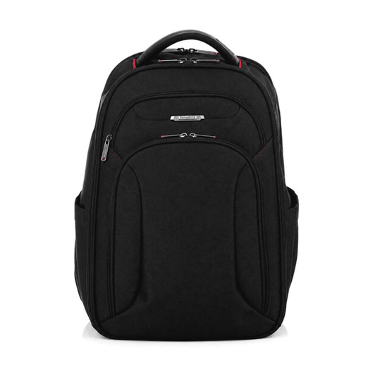 A black Samsonite Xenon 3.0 backpack with multiple compartments and a sleek design, featuring a logo.