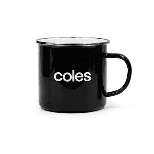 A black enamel mug with a silver rim and a branded logo. Simple, sturdy design with a handle.