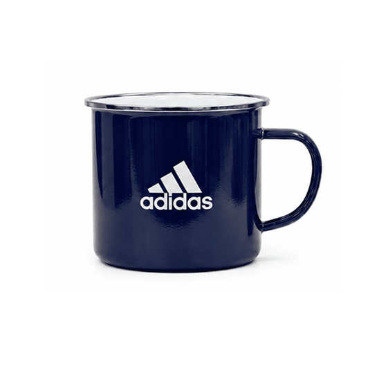 A drink mug in navy blue with a white logo. Features a handle and metallic finish.