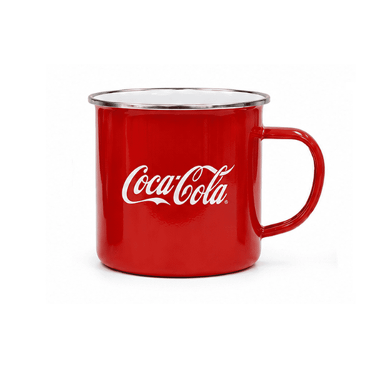 A drink bottle featuring a shiny red body with a silver rim and a handle, branded with a logo.
