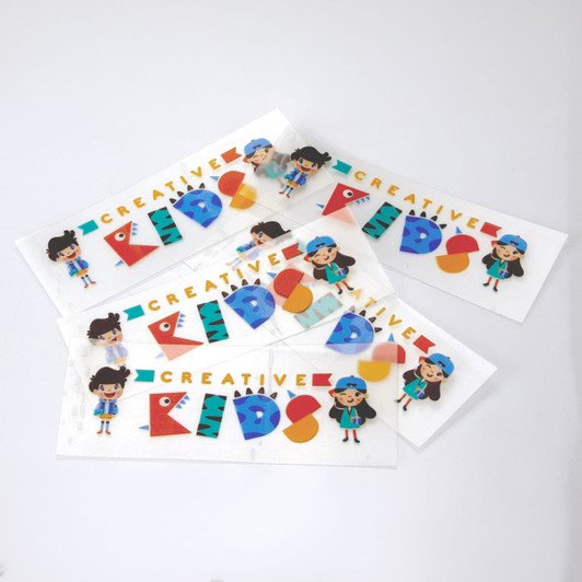 Four colourful stickers featuring playful characters and the text "Creative Kids." Each sticker has a white background.