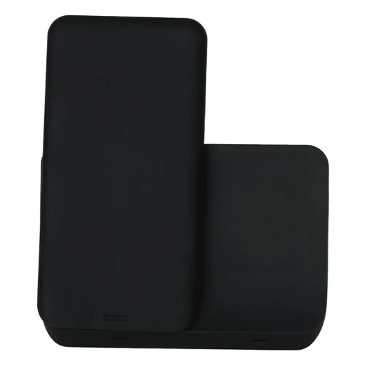 A black 3 in 1 wireless charger with a sleek design, featuring a branding logo.