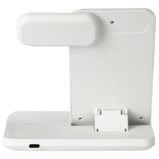 A white 3-in-1 wireless charger with a detachable section and a compact design. It features a logo on its surface.