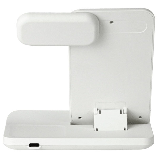 A white 3-in-1 wireless charger with a detachable section and a compact design. It features a logo on its surface.