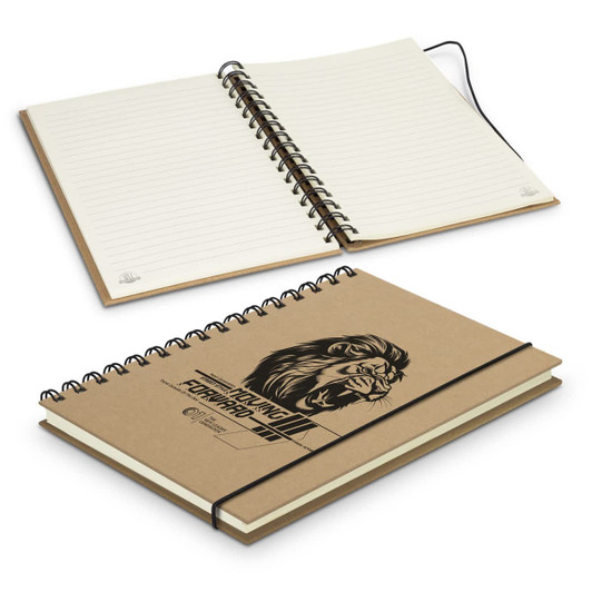 A spiral notebook with a lion graphic on a kraft cover, featuring plain pages and a black elastic band closure.