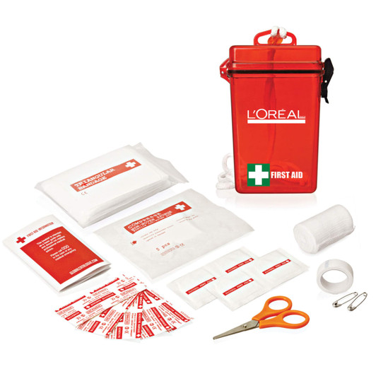 A waterproof red first aid kit containing various bandages, wipes, scissors, and adhesive tape.