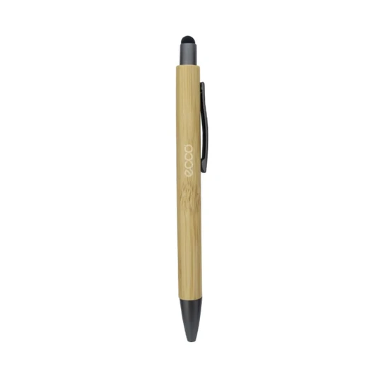 A bamboo pen featuring a black stylus tip and a silver clip, with branding on the body.