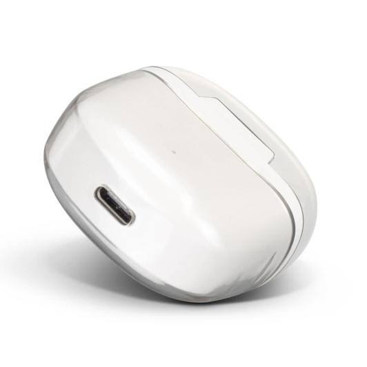 A pair of white Bluetooth earbuds in a compact charging case with a USB-C port.