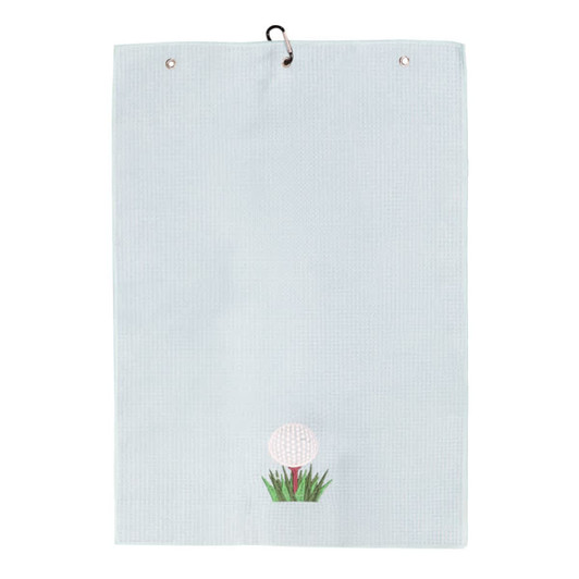 A light blue golf towel featuring a golf ball and grass design at the bottom, with a clip at the top.