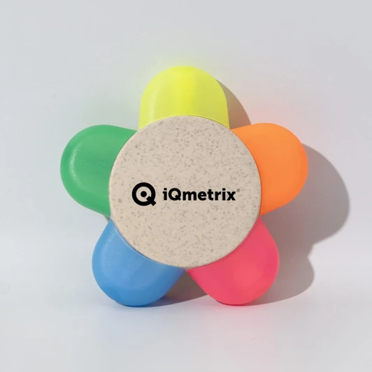 A flower-shaped highlighter featuring bright shades of pink, orange, yellow, and blue, with a central logo.