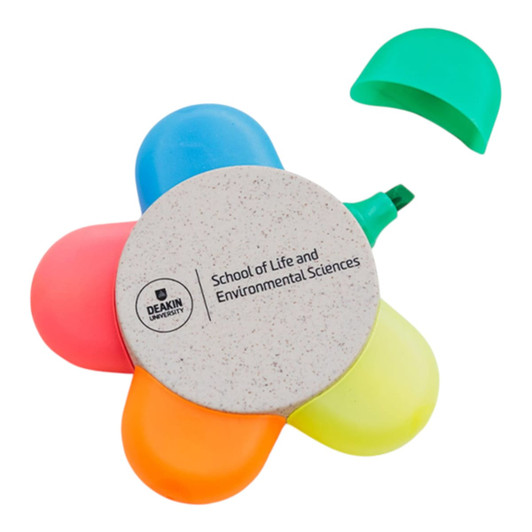 A flower-shaped highlighter set with orange, pink, green, and yellow sections, featuring a logo on the base.