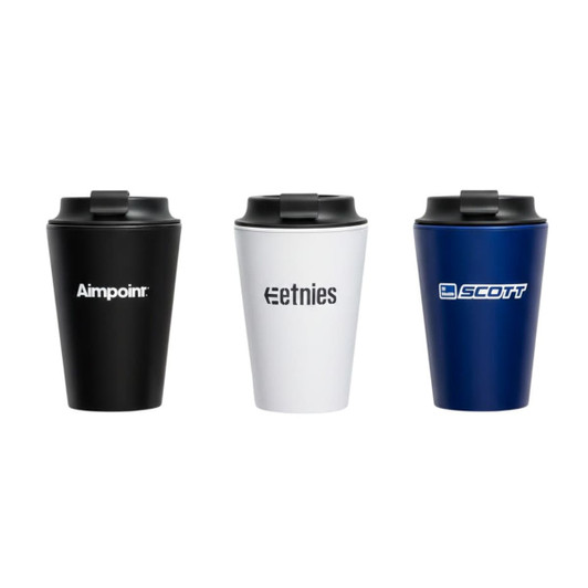 Three coffee mugs in black, white, and navy blue, each with a lid and featuring different logos.