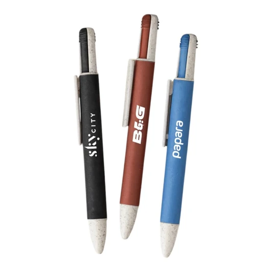 Three eco-friendly pens in black, red, and blue, featuring a natural, textured barrel and clips. Each has a logo.