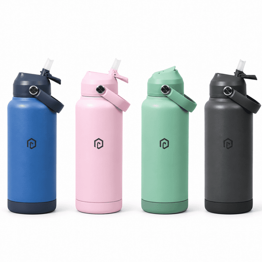 A drink bottle collection featuring blue, pink, green, and black bottles, each with a logo and a straw lid.