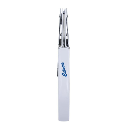 A drink bottle opener in white with silver detailing and a logo on the side, designed for keyring attachment.