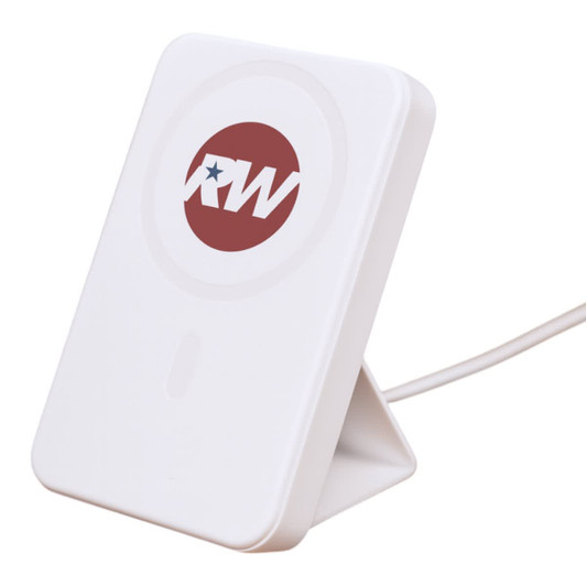 A white wireless charging power bank with a circular stand and a logo on the front.