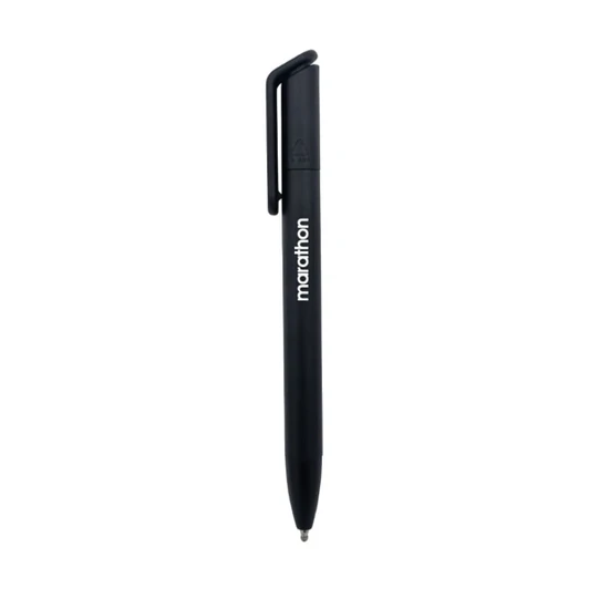 A black ballpoint pen with a clip and a logo on its side.