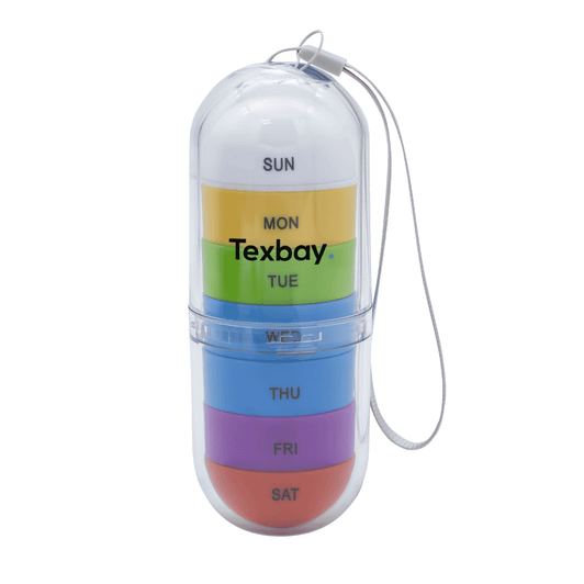 A transparent pill tube with seven coloured compartments for each day of the week, featuring a white cap and a string.