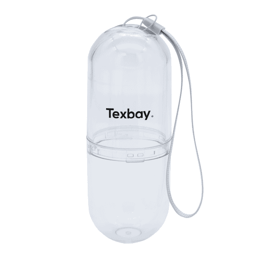 A clear, cylindrical pill tube with a white strap and a logo on the front.