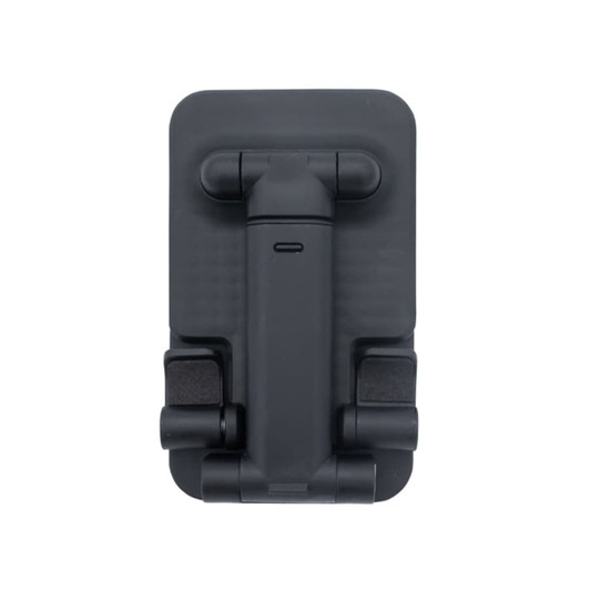 A black folding desktop mobile phone and tablet stand with adjustable hinges. It features a compact design.