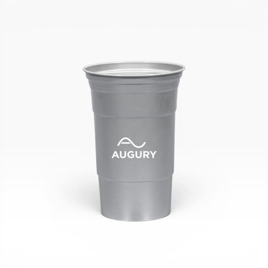 A drink cup made of recycled aluminium, featuring a sleek silver design and a logo on the front.